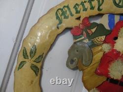 Mid Century Folk Art Metal Santa Wreath 22 Heavy Torch Cut Hand Painted with Bag