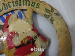 Mid Century Folk Art Metal Santa Wreath 22 Heavy Torch Cut Hand Painted with Bag