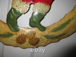 Mid Century Folk Art Metal Santa Wreath 22 Heavy Torch Cut Hand Painted with Bag
