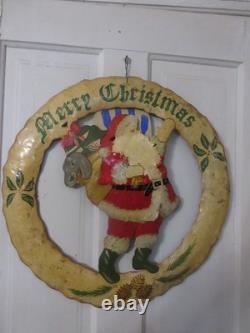 Mid Century Folk Art Metal Santa Wreath 22 Heavy Torch Cut Hand Painted with Bag