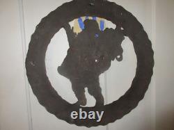 Mid Century Folk Art Metal Santa Wreath 22 Heavy Torch Cut Hand Painted with Bag