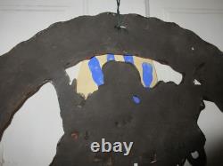 Mid Century Folk Art Metal Santa Wreath 22 Heavy Torch Cut Hand Painted with Bag