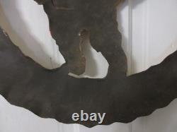 Mid Century Folk Art Metal Santa Wreath 22 Heavy Torch Cut Hand Painted with Bag