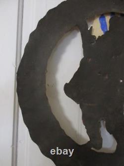 Mid Century Folk Art Metal Santa Wreath 22 Heavy Torch Cut Hand Painted with Bag