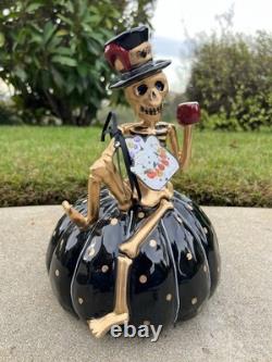 NEW Blue Sky Clayworks Halloween Skeleton On Pumpkin Gold Black