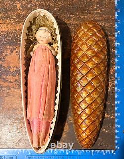 OLD GERMAN Christmas Toy Bisque Doll Crepe Paper Dress Pinecone Box BIG 11 RARE