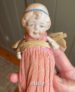 OLD GERMAN Christmas Toy Bisque Doll Crepe Paper Dress Pinecone Box BIG 11 RARE