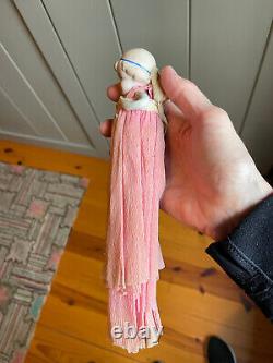 OLD GERMAN Christmas Toy Bisque Doll Crepe Paper Dress Pinecone Box BIG 11 RARE