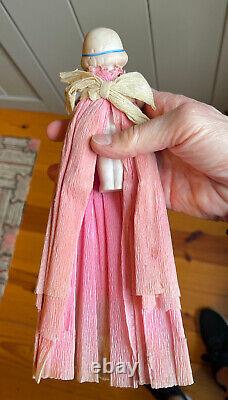 OLD GERMAN Christmas Toy Bisque Doll Crepe Paper Dress Pinecone Box BIG 11 RARE