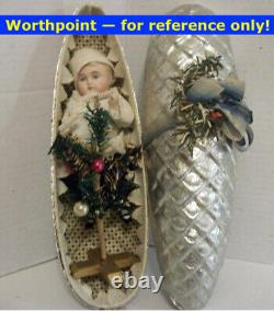 OLD GERMAN Christmas Toy Bisque Doll Crepe Paper Dress Pinecone Box BIG 11 RARE