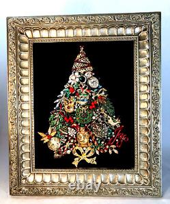 OOAK FRAMED VTG JEWELRY ART COLLAGE Christmas Tree 11 x 13 SPECTACULAR