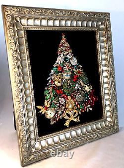 OOAK FRAMED VTG JEWELRY ART COLLAGE Christmas Tree 11 x 13 SPECTACULAR