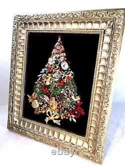 OOAK FRAMED VTG JEWELRY ART COLLAGE Christmas Tree 11 x 13 SPECTACULAR