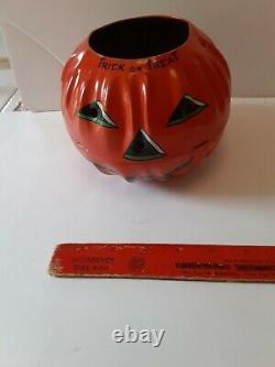 Old Vintage Halloween Tin Lithographed Jack O Lantern US Metal Toy Mfg Co 1950's