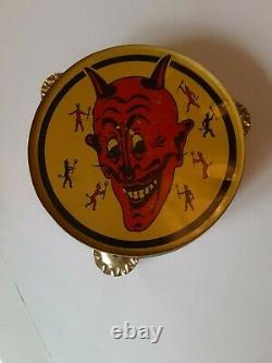 Old Vintage Tin Metal Halloween Tambourine Noisemaker Devil Demon Kirchhof 1930s