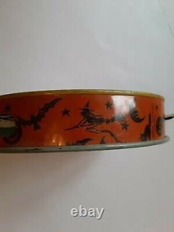 Old Vintage Tin Metal Halloween Tambourine Noisemaker Devil Demon Kirchhof 1930s