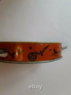 Old Vintage Tin Metal Halloween Tambourine Noisemaker Devil Demon Kirchhof 1930s