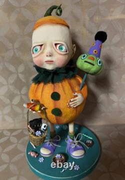 Ooak Paper Mache Halloween Baby in Pumpkin Costume #57 Jenny Salsini