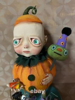 Ooak Paper Mache Halloween Baby in Pumpkin Costume #57 Jenny Salsini