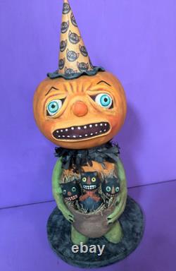 Ooak Paper Mache Vintage Look Halloween Pumpkin/kitties #21, Jenny Salsini