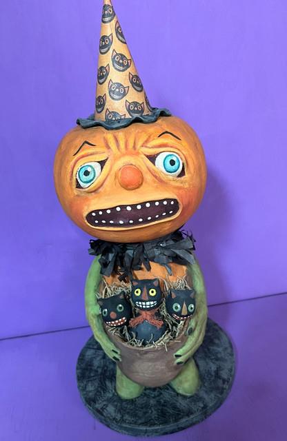Ooak Paper Mache Vintage Look Halloween Pumpkin/kitties #21, Jenny Salsini