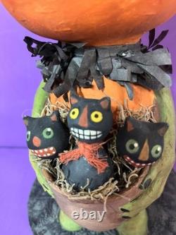 Ooak Paper Mache Vintage Look Halloween Pumpkin/kitties #21, Jenny Salsini