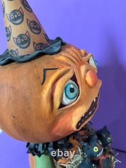 Ooak Paper Mache Vintage Look Halloween Pumpkin/kitties #21, Jenny Salsini
