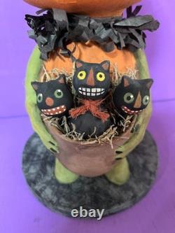 Ooak Paper Mache Vintage Look Halloween Pumpkin/kitties #21, Jenny Salsini