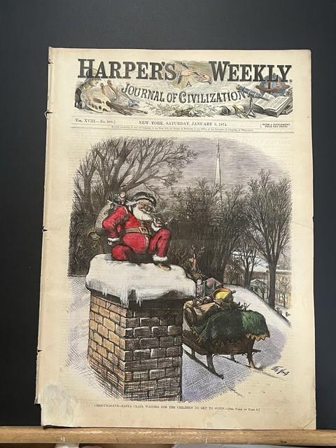 Original 1874 Thomas Nast Harper's Weekly Hand-colored Santa Christmas Cover