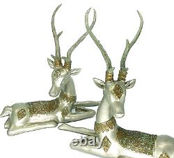 Pair Of Large Vintage Pewter Reindeer Christmas Traditional Holiday Decor