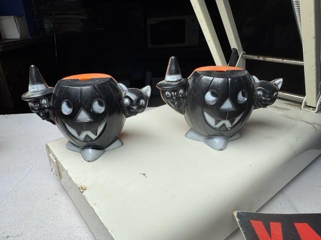 Pair Vtg Rosbro Rosen Halloween Black Witch Cat Pumpkin Candy Holder