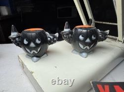 Pair VTG Rosbro Rosen Halloween black witch cat pumpkin candy holder
