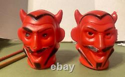 Pair Vintage 1950's Halloween Devil Blow Mold Head For Lamp 4.5 Inches Tall