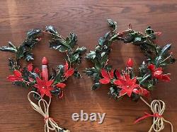 Pair Vintage Christmas Wreaths Electric Candles Poinsettia