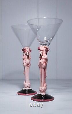 Pair of Rare HEATHER GOLDMINC Blue Sky Pink Poodle Ceramic Stem Martini Glasse