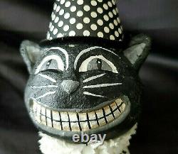 Paper Mache' Halloween Black Cat Head Wearing Black & White Clown Hat & Collar