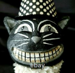 Paper Mache' Halloween Black Cat Head Wearing Black & White Clown Hat & Collar