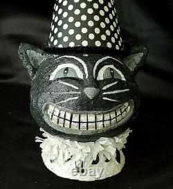 Paper Mache' Halloween Black Cat Head Wearing Black & White Clown Hat & Collar