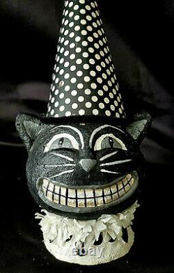 Paper Mache' Halloween Black Cat Head Wearing Black & White Clown Hat & Collar