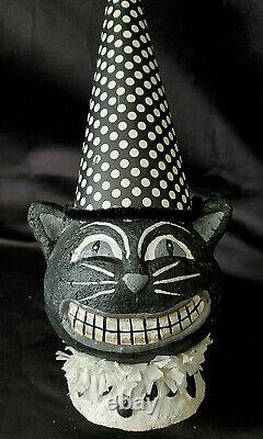 Paper Mache' Halloween Black Cat Head Wearing Black & White Clown Hat & Collar