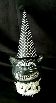 Paper Mache' Halloween Black Cat Head Wearing Black & White Clown Hat & Collar