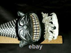 Paper Mache' Halloween Black Cat Head Wearing Black & White Clown Hat & Collar