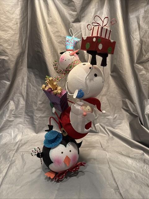 Pier 1 One Vintage Snowman Santa Penguin Stack Tower Glitter 19.5 Rare Read