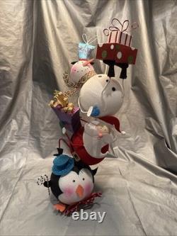 Pier 1 One VINTAGE SNOWMAN SANTA PENGUIN STACK TOWER Glitter 19.5 RARE Read