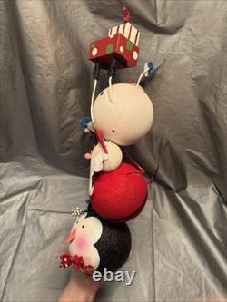Pier 1 One VINTAGE SNOWMAN SANTA PENGUIN STACK TOWER Glitter 19.5 RARE Read
