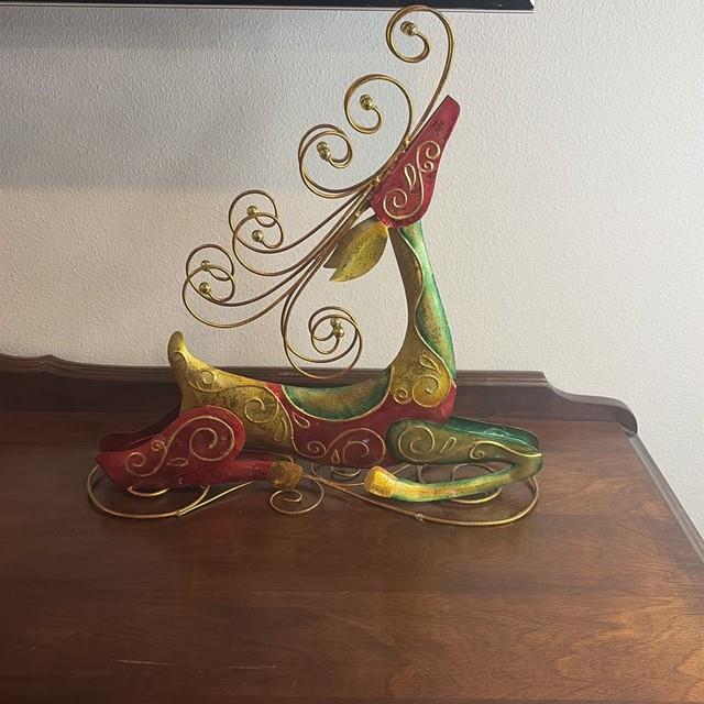 Pier 1 Rare Vtg Christmas Reindeer Red Gold Green Metal Figure Home Decor 16x16