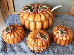 Pumpkin Soup Tureen with Lid, 3 Matching Lidded Soup Bowls, Ladle Free Shipping