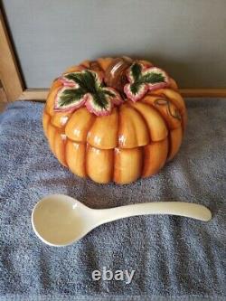Pumpkin Soup Tureen with Lid, 3 Matching Lidded Soup Bowls, Ladle Free Shipping
