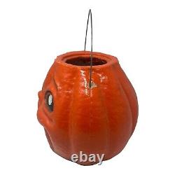 RARE 1940's Large Paper Mache Pumpkin Halloween 8 JOL with Face and Wire Handle