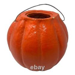 RARE 1940's Large Paper Mache Pumpkin Halloween 8 JOL with Face and Wire Handle